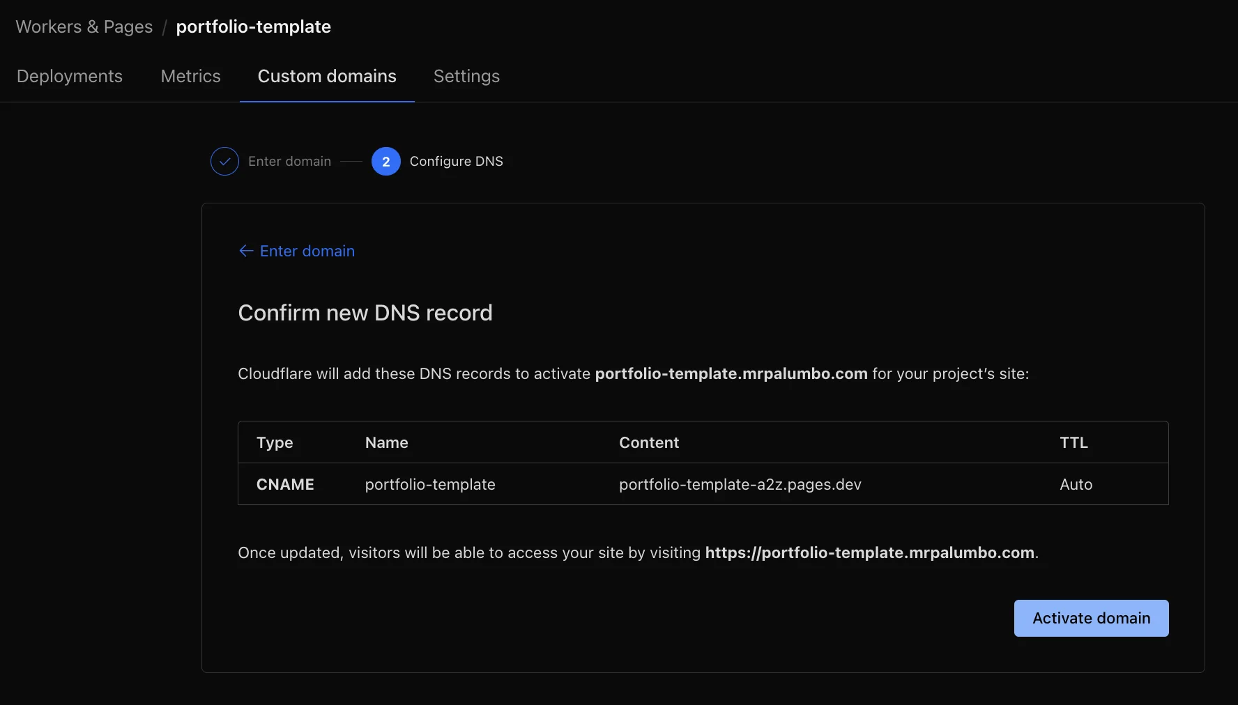 Activate custom domain in Cloudflare Pages