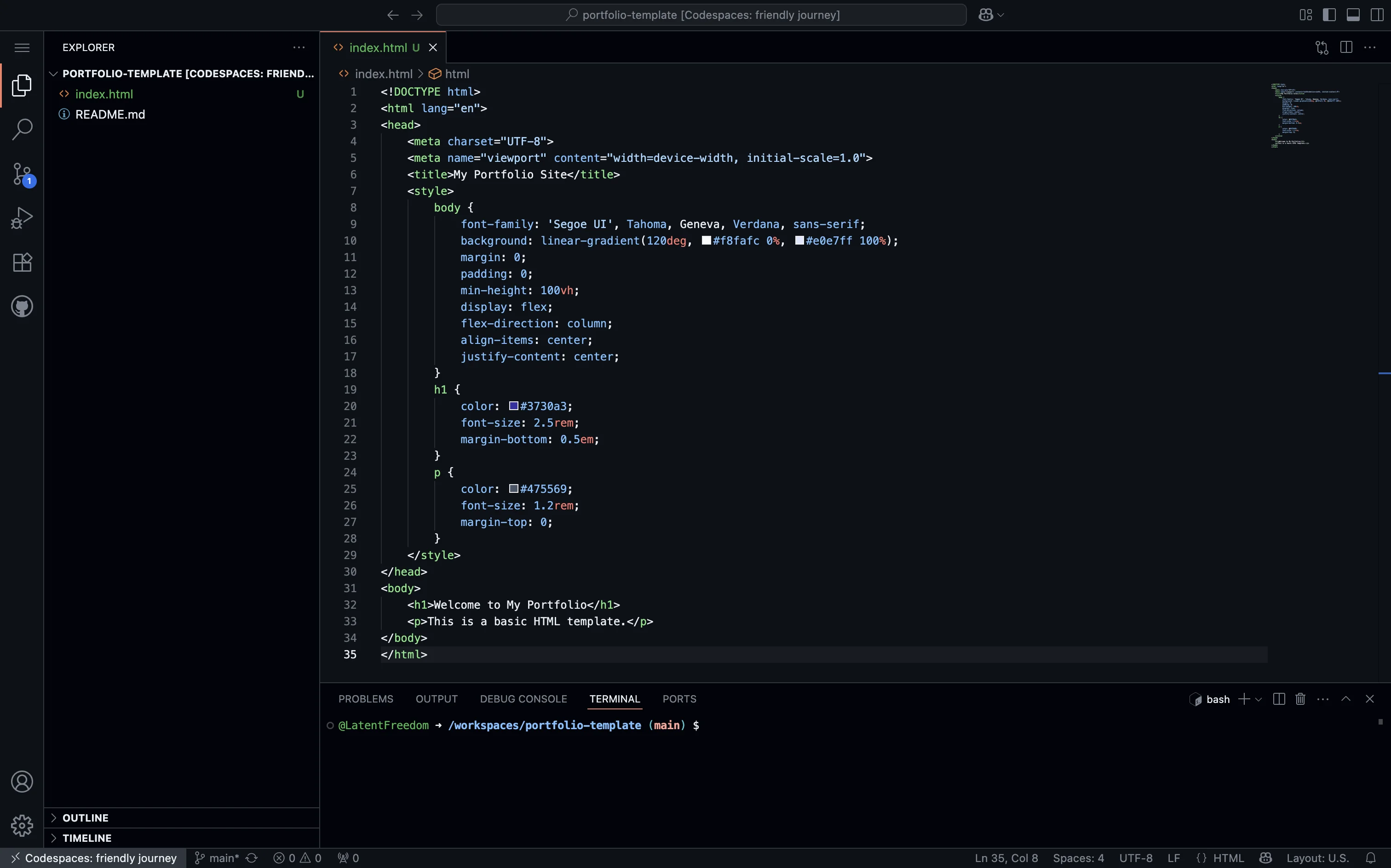 Creating index.html file in Codespaces
