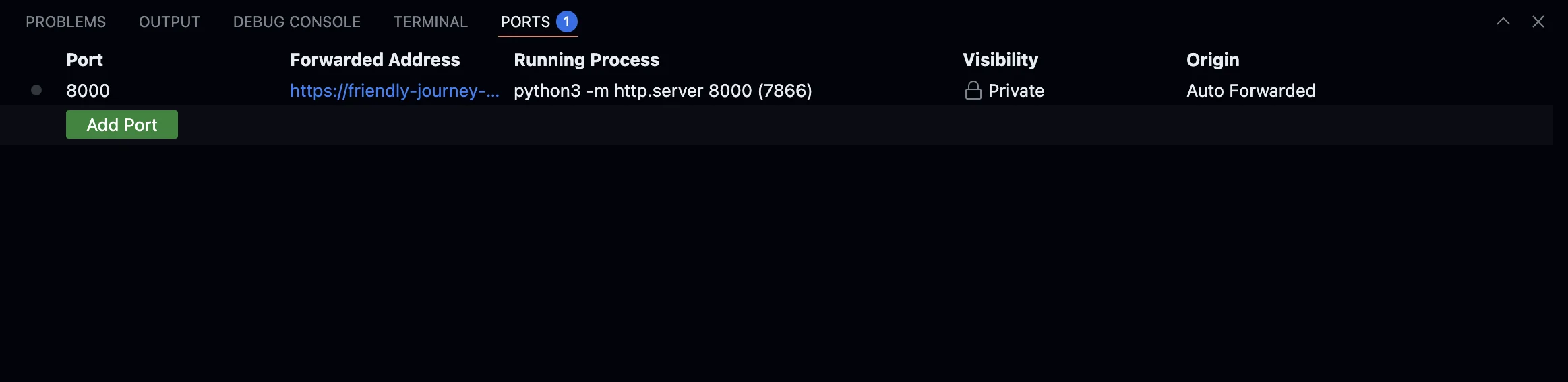 Ports button in Codespaces terminal