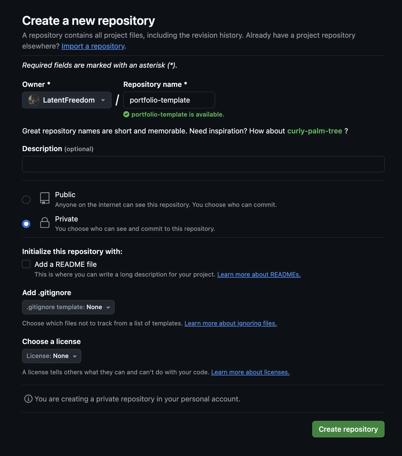 GitHub form to create new repository